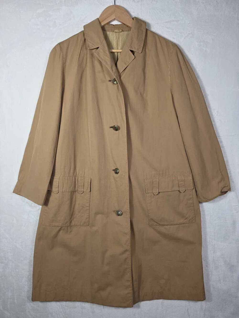 Women's Vintage Trench Coat XL Tan Military Gold Crest Buttons Oversized